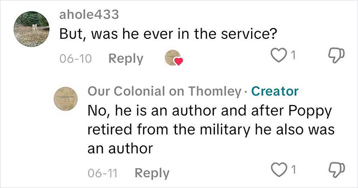 Comments discussing whether a person was in the military or an author, shown in a social media thread. Comments discussing whether a person was in the military or an author, shown in a social media thread.