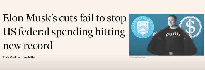 Elon Musk's attempt to cut US federal spending fails spectacularly as record spending continues to rise.
