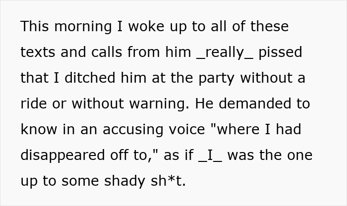 Text message conversation showing anger over ditching someone at a party with excuses made when confronted by girlfriend.