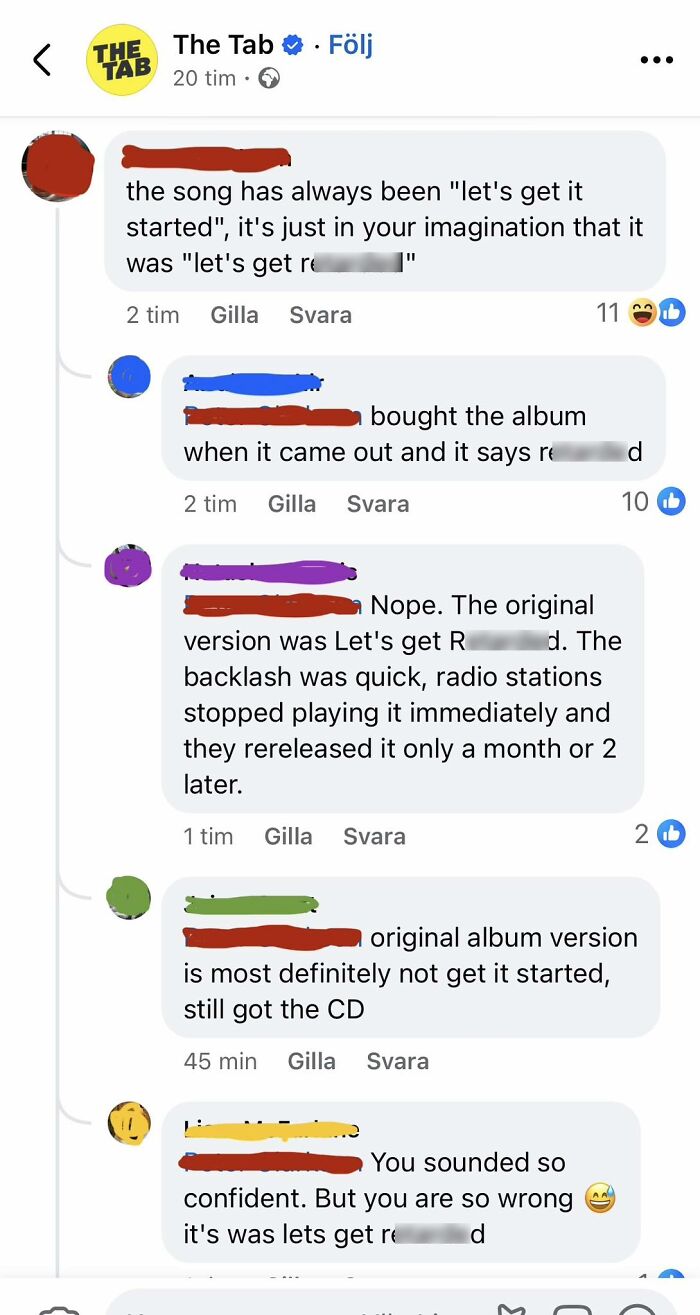 Social media thread showing overconfident know-it-alls incorrectly correcting lyrics in an online group.