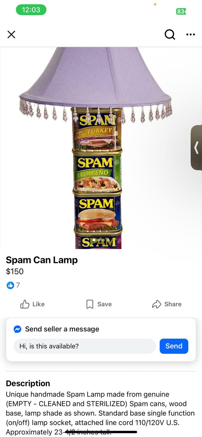 Lamp made from stacked Spam cans with a purple fringed lampshade, showcasing a horrendous DIY craft project.