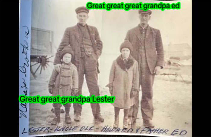 Old black and white photo of ancestors labeled great great grandpa Lester and great great great grandpa Ed for family historian.