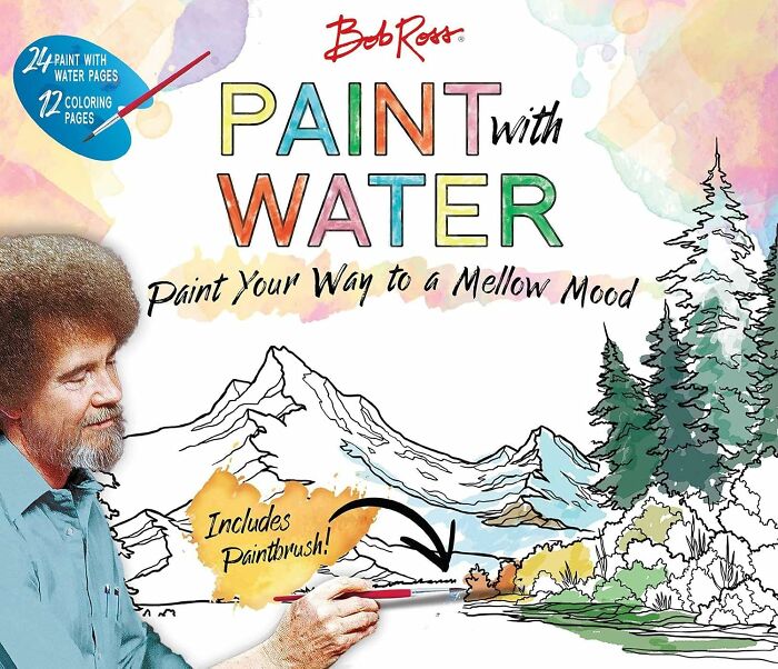 Bob Ross paint with water kit featuring mountains, trees, and a paintbrush for fun and functional creative activities.