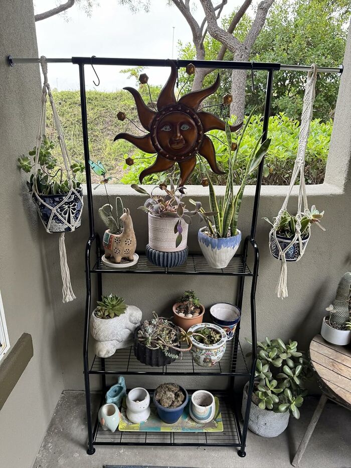 Black metal plant stand with various potted succulents and hanging planters, a sun wall decoration, trending Amazon finds.
