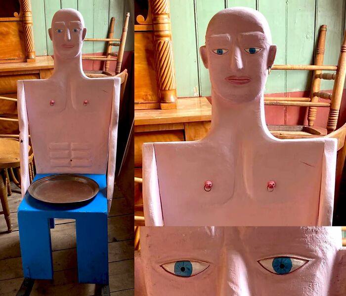 Unusual DIY craft project featuring a humanoid figure chair with painted torso and blue eyes in a rustic room.