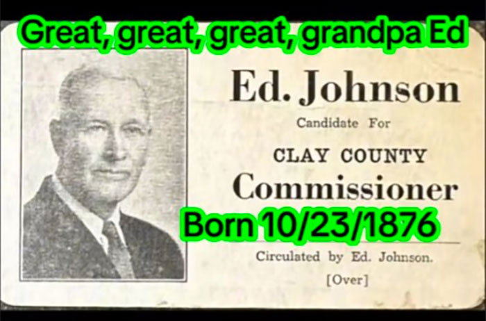 Black and white photo of Ed Johnson, a Clay County commissioner candidate, illustrating a family historian sharing family tree online.