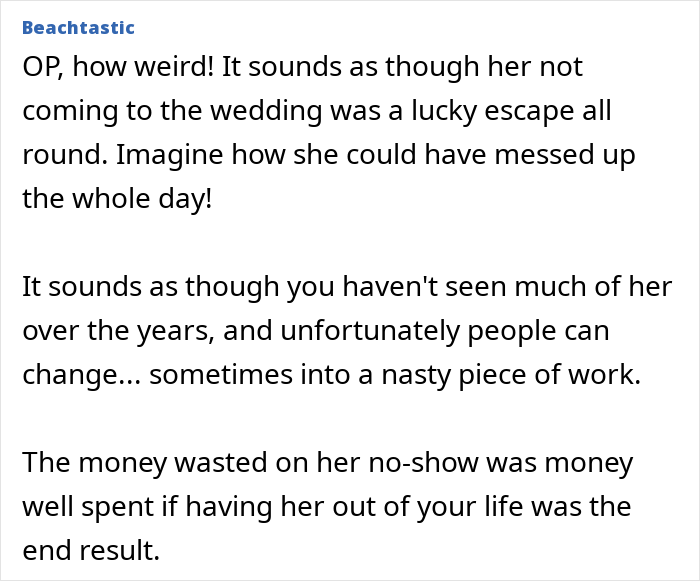 Alt text: Text excerpt discussing a woman who turns flaky and misses her friend's wedding, sending a malicious voicemail.