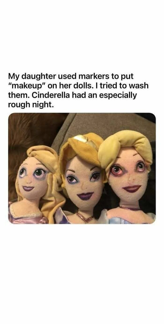 Dolls with marker makeup smudged after washing, showing a horrendous DIY project that needs to be craft shamed.