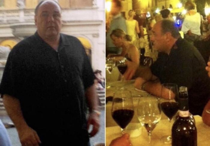 Man in black shirt standing outdoors and sitting at a crowded table with wine glasses, unsettling images from morbid knowledge group.