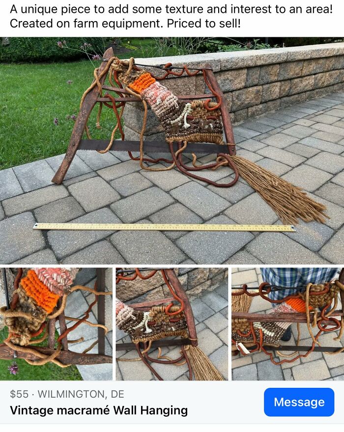 Vintage macramé wall hanging with mixed textures and farm equipment frame, showcasing a DIY craft shaming project.