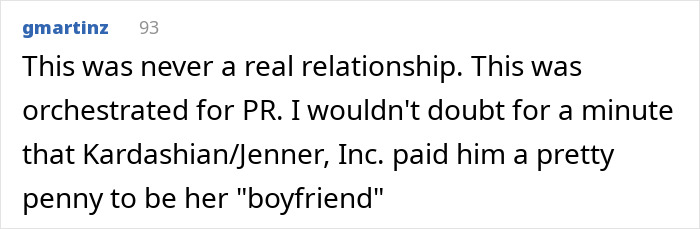 Comment discussing Kylie Jenner and the Kardashian/Jenner PR involving a paid boyfriend claim.