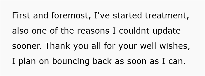 Text message sharing update on starting treatment, expressing gratitude for support, seeking family support after devastating news.