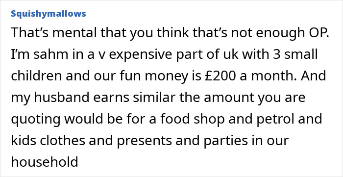 Comment discussing a woman on a 12-month hiatus from work expecting more money than the &pound;150 weekly allowance.