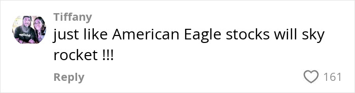 Comment on social media about American Eagle stocks, highlighting reactions related to genetics and woke outrage in ads. Comment on social media about American Eagle stocks, highlighting reactions related to genetics and woke outrage in ads.