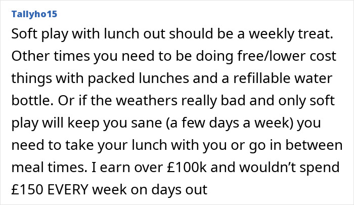 Text post about managing soft play outings and budgeting during a 12-month hiatus from work expecting more than &pound;150 weekly.