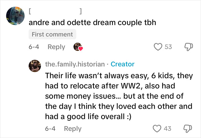 Comment exchange about a family historian inspiring others to share their family tree online, discussing life challenges.