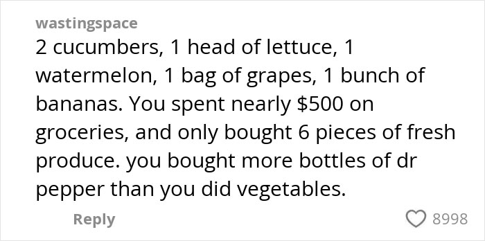 Comment discussing an American family grocery haul with mostly produce and bottles of Dr Pepper, spending nearly $500.