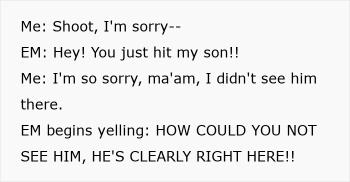 Conversation about a kid stealing a blind cane, involving an apology after accidentally hitting the child and a defensive parent.