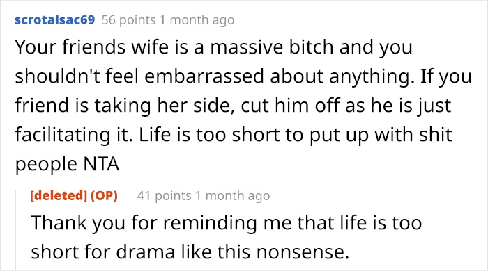 Screenshot of a Reddit conversation discussing cutting off a friend for siding with a rude woman in a quiet deaf man situation.