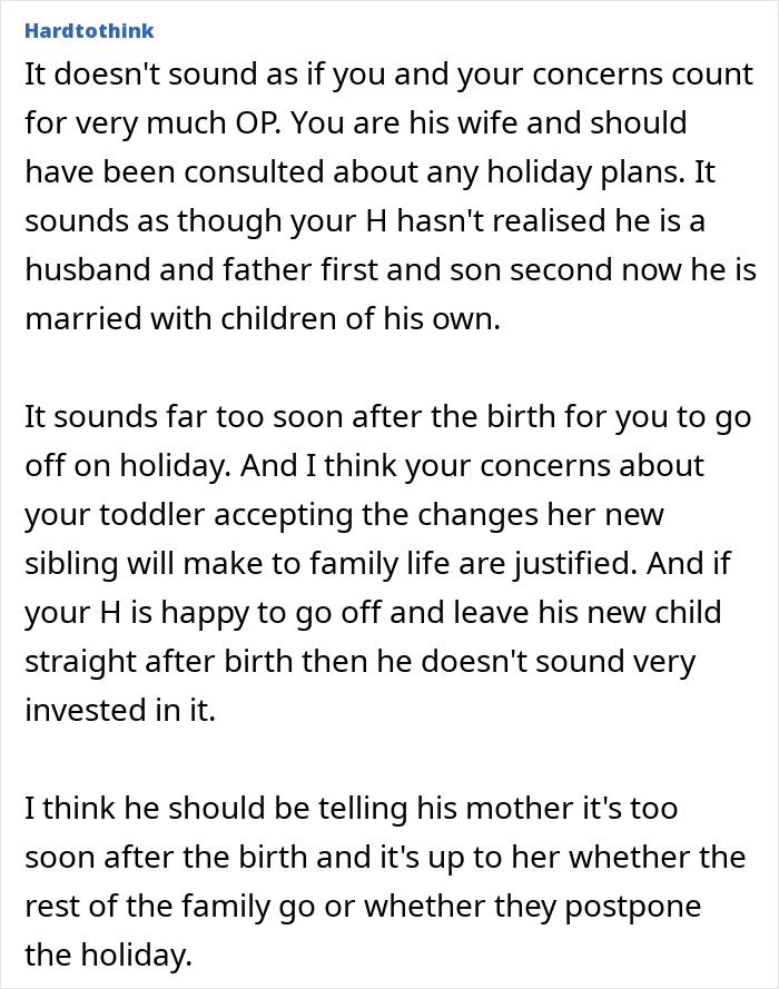 Comment discussing a guy telling pregnant wife he will go with the 2-year-old after she refuses postpartum trip plans.