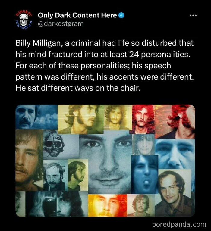 Screenshot of a darkest page on Instagram post describing Billy Milligan's 24 distinct personalities with varied speech and behavior.