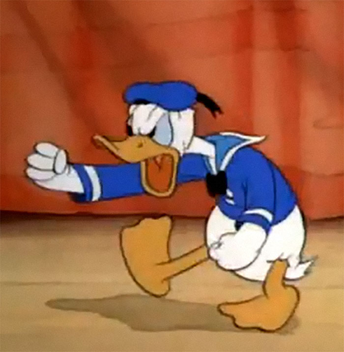 Donald Duck wearing a blue sailor outfit, showing an energetic pose in a classic cartoon scene, family flexes theme.