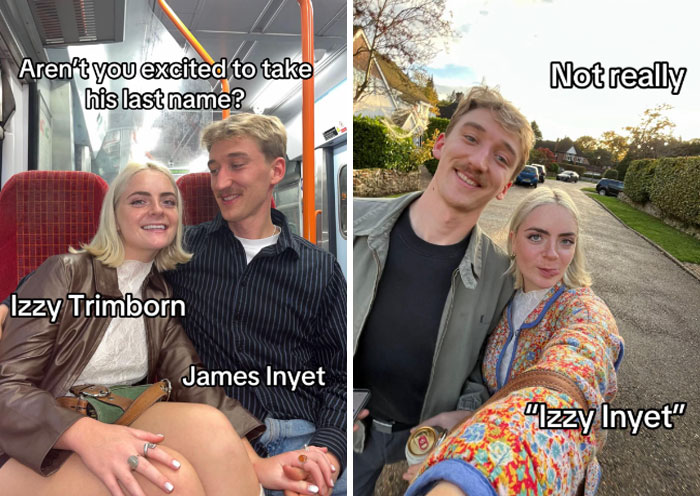 Couple humorously debating the married surname trend, showing reactions to changing last names after marriage.