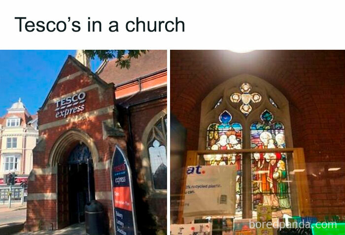 Exterior and interior views of a Tesco Express located inside a church with stained glass windows, a chaotic British meme.
