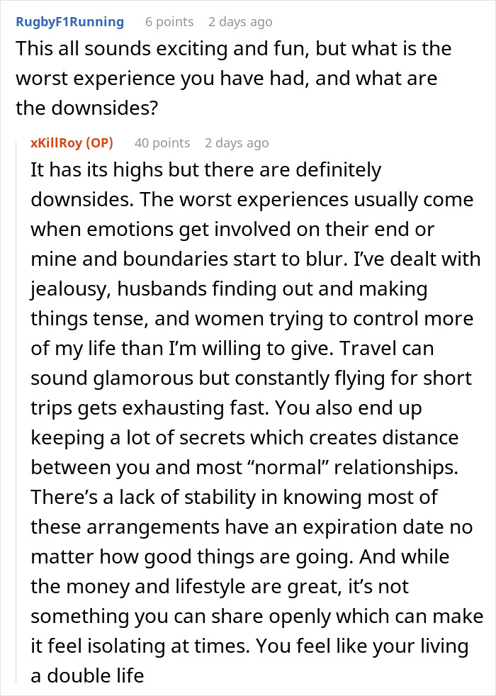 Reddit conversation about the challenges faced by a paid companion with wealthy married women, including emotional and lifestyle downsides.