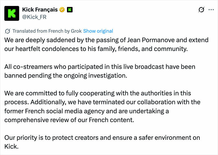 Statement from Kick Français announcing the passing of a famous streamer live on air and actions taken during the investigation. Statement from Kick Français announcing the passing of a famous streamer live on air and actions taken during the investigation.