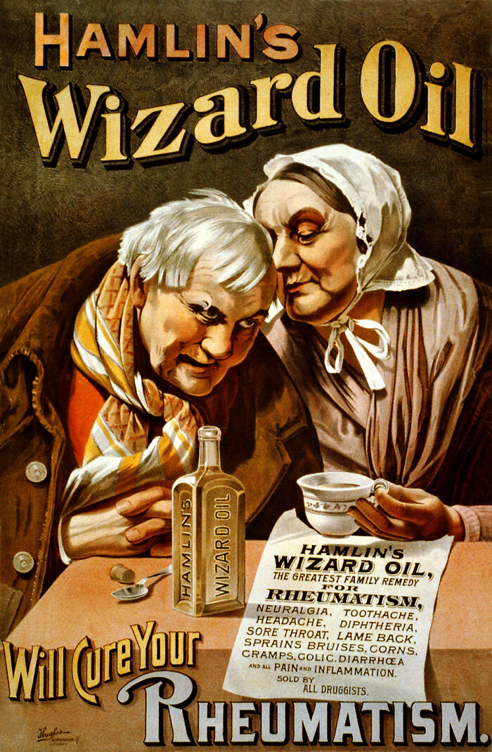 Vintage advertisement for Hamlin’s Wizard Oil showing two elderly people promoting a remedy for rheumatism and related pains.