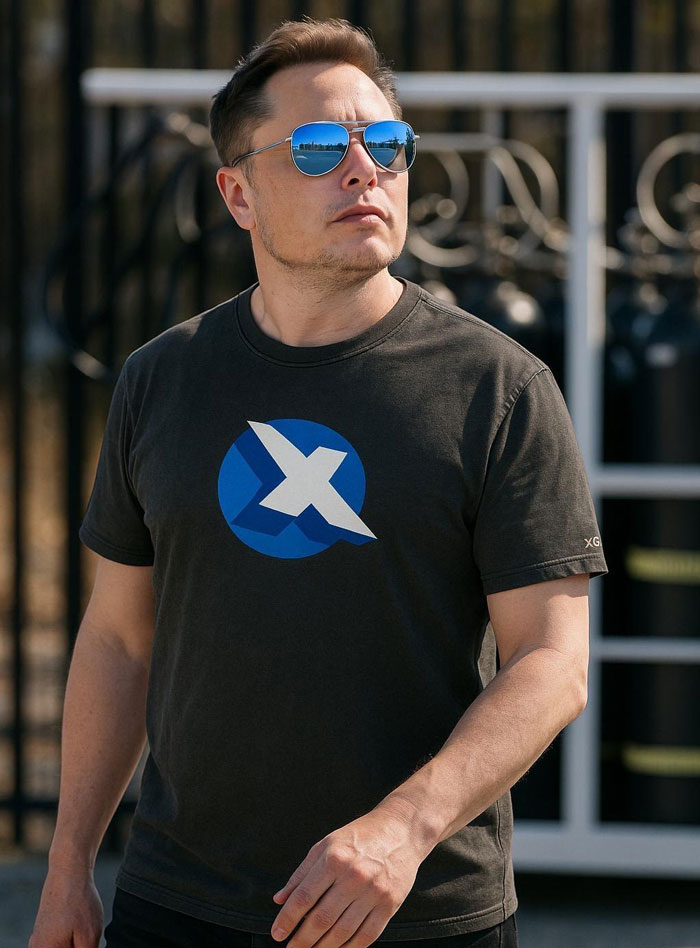 Elon Musk wearing sunglasses and a black shirt with the X logo, standing outdoors in bright sunlight.