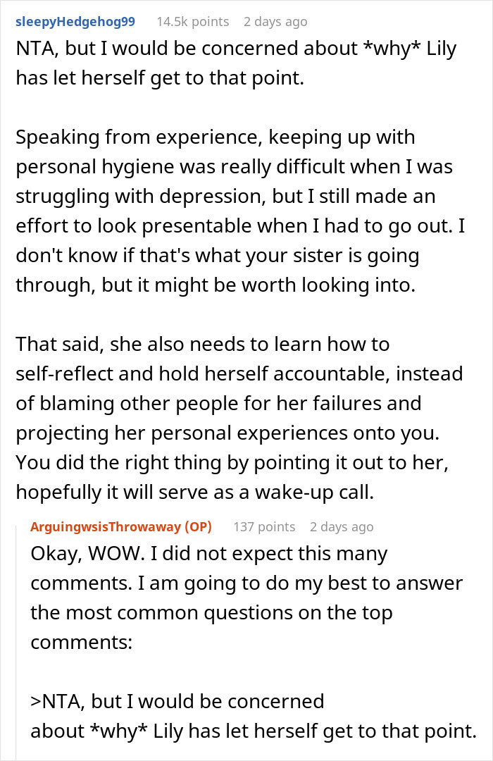 Reddit user advises a woman blaming sexism for not landing a job to self-reflect after sister gives a reality check.