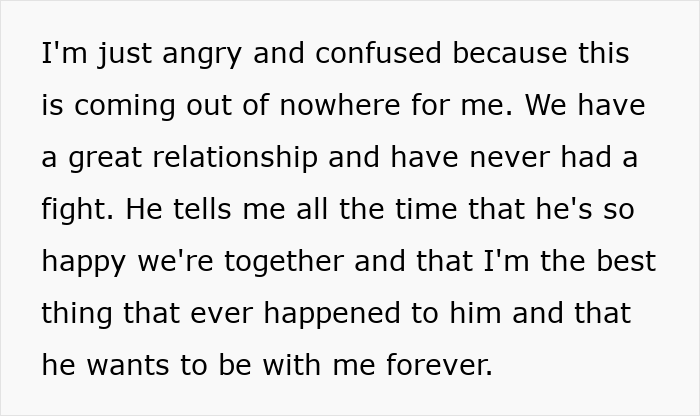 Text showing a confused person explaining feelings about their relationship after being confronted about pretending to be single at a party.