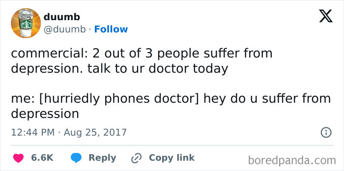 Screenshot of a funny medical meme showing a humorous conversation about depression and calling a doctor.