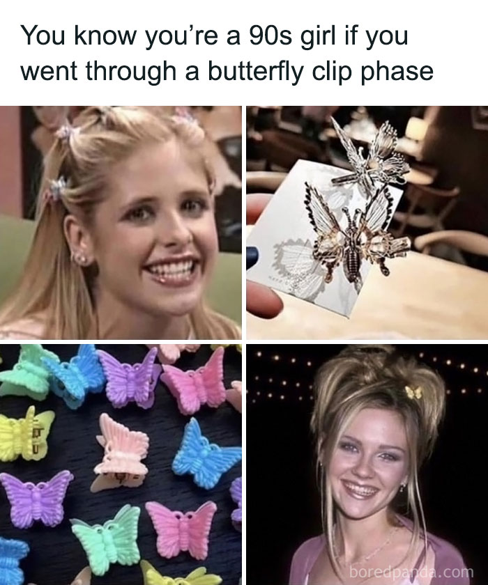 90s kids nostalgia with butterfly hair clips, colorful accessories, and iconic 90s girl hairstyles and fashion.