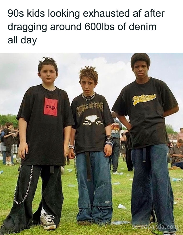 Three 90s kids in oversized denim and graphic tees standing on grass, showcasing 90s kids nostalgia fashion style.