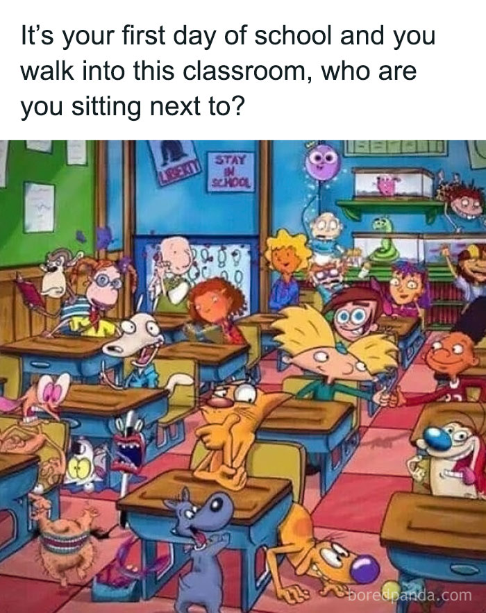 90s kids nostalgia classroom scene with popular cartoon characters from 90s animated TV shows sitting at desks.