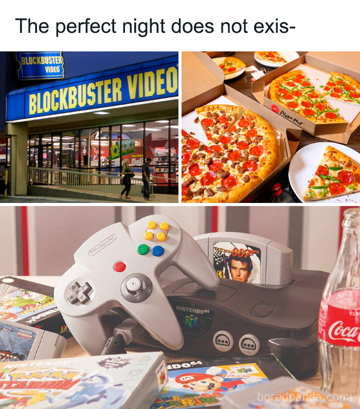 Blockbuster Video store, pizza, Nintendo 64 console, and soda evoke 90s kids nostalgia and retro entertainment moments.