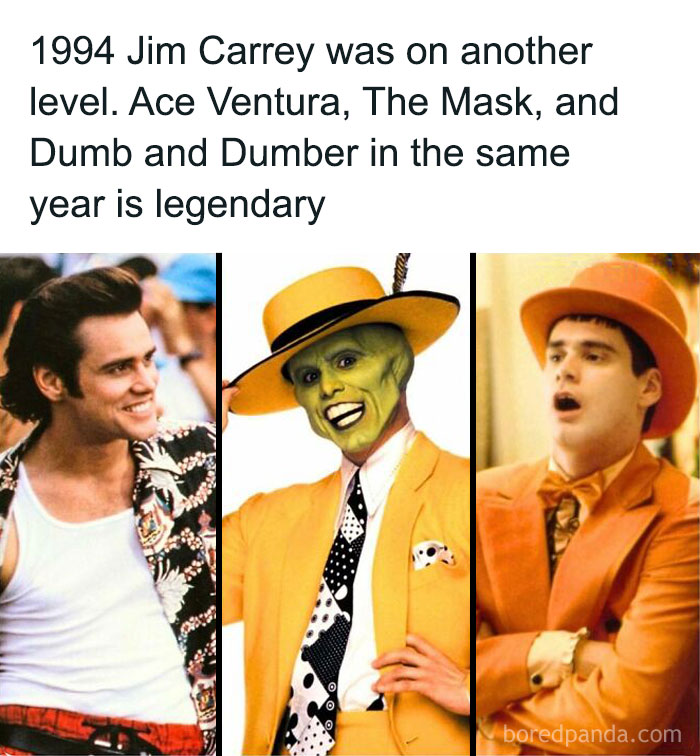 Jim Carrey in iconic 90s movies Ace Ventura, The Mask, and Dumb and Dumber representing 90s kids nostalgia moments.