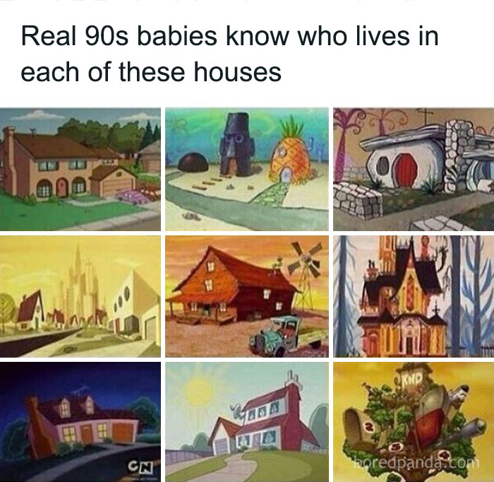 Cartoon houses from popular 90s kids shows representing 90s kids nostalgia and childhood memories from the 1990s.