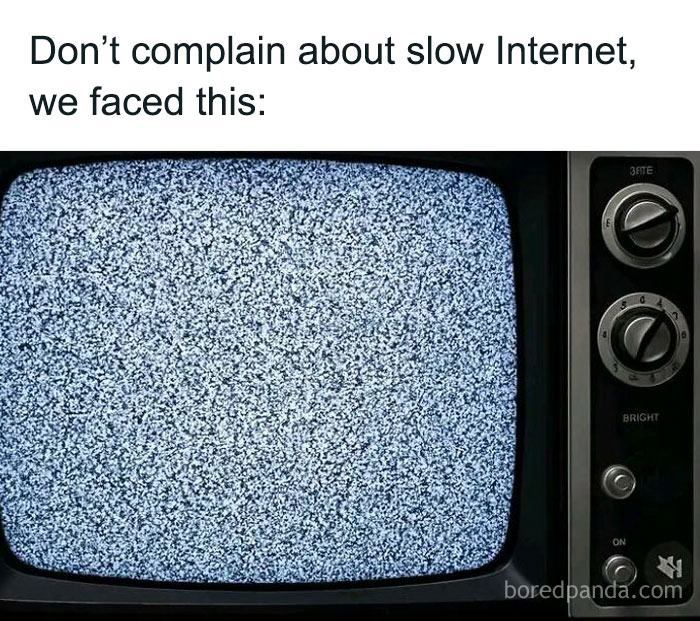 Old TV screen with static snow pattern and text about slow internet, evoking 90s kids nostalgia and retro technology struggles.