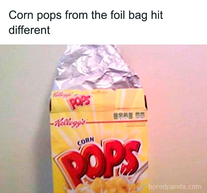 90s kids nostalgia with Kellogg's Corn Pops cereal in foil bag, a classic 90s breakfast treat and childhood favorite.