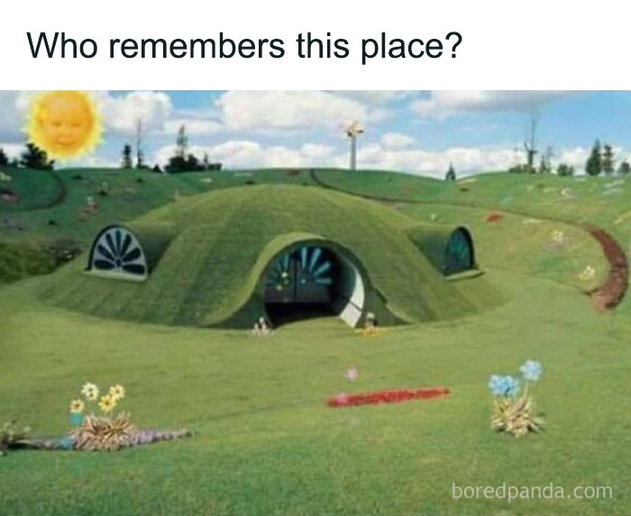 Alt text: Iconic 90s kids nostalgia scene featuring green hill houses and a smiling sun from a popular 90s children’s TV show.