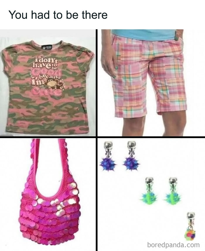 90s kids nostalgia shown through retro camo tee, plaid shorts, sparkly pink purse, and colorful clip-on earrings.