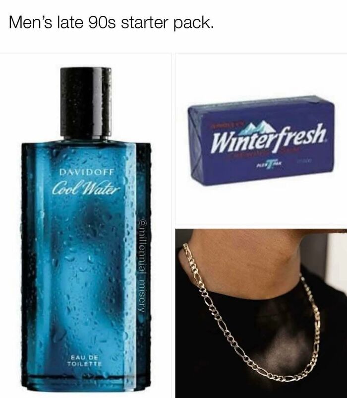 Men’s late 90s starter pack with Davidoff Cool Water, Winterfresh gum, and a silver chain necklace in 90s nostalgia club.
