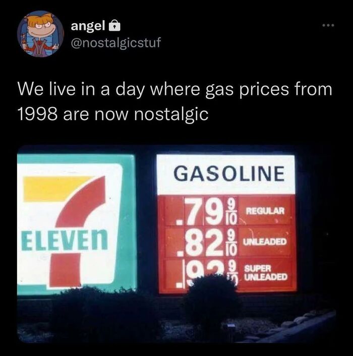 Twitter post about nostalgic 1998 gas prices shown on a vintage 7-Eleven gasoline sign at night.