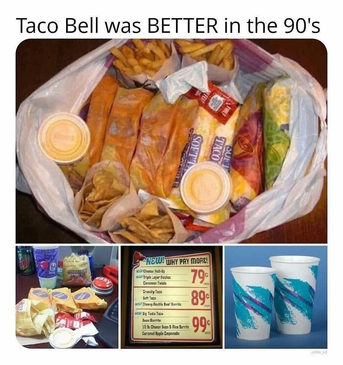 90s nostalgia club featuring vintage Taco Bell meal with tacos, burritos, chips, and iconic retro cups and menu prices.