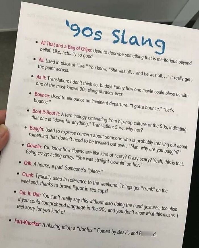 Handwritten list of 90s slang terms and definitions curated for official 90s nostalgia club fans and enthusiasts.