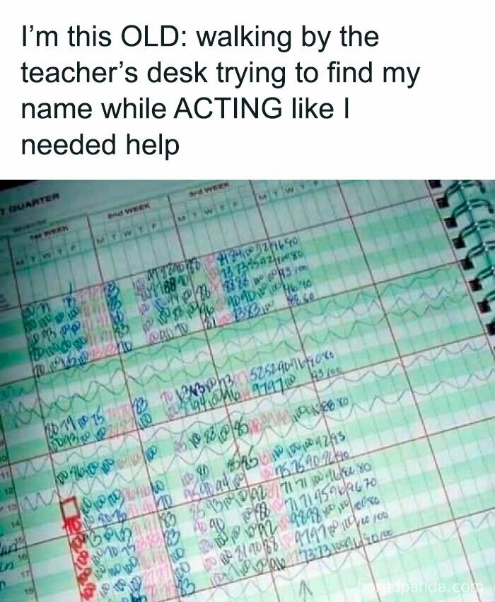 Handwritten grade book from the ’90s with colorful scores, caption about ’90s nostalgia club and old school memories.